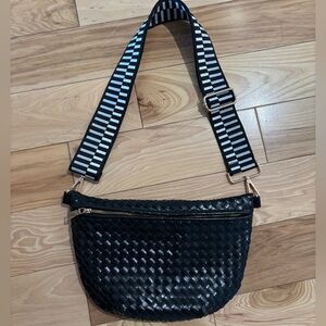 Black Woven Crossbody Bag with Striped Strap